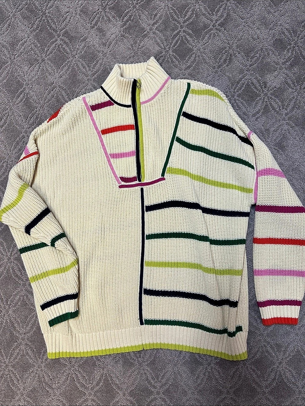 Staud Striped Quarter-Zip Sweater in Cream & Multi Color Like New